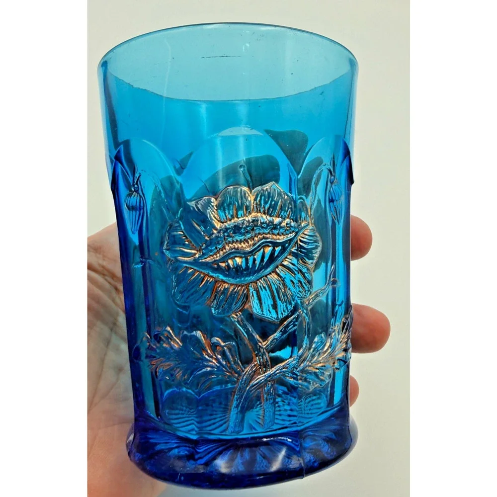Antique Northwood Electric Celeste Blue Oriental Poppy Glass Tumblers EAPG Flora